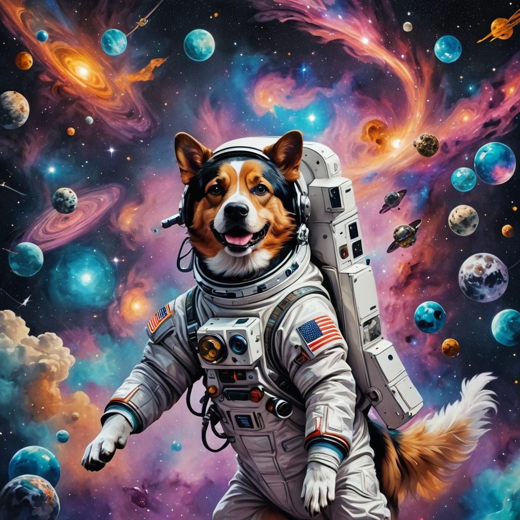 A dog with a astronaut suit in space.