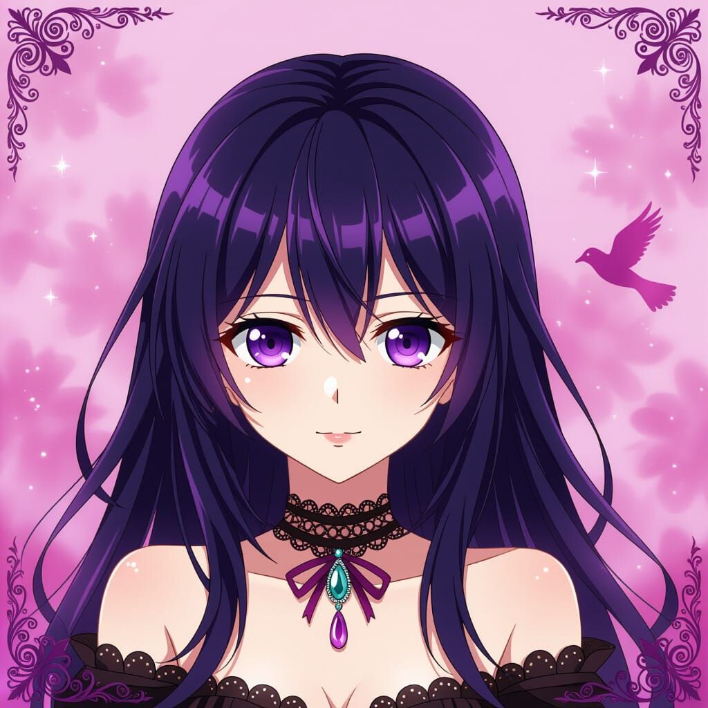 Anime Pink Raven with Violet Eyes on Gothic Background