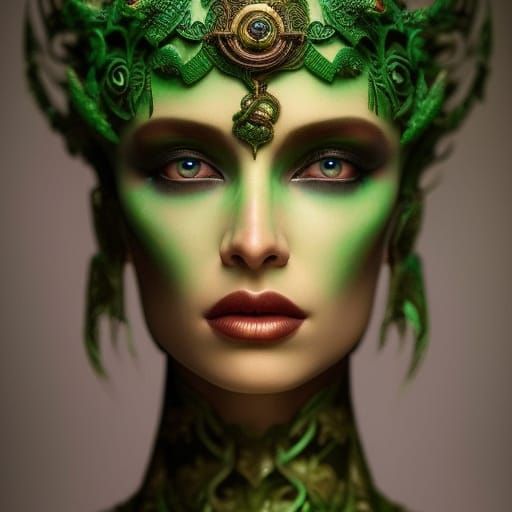 Beautiful Celtic priestess dressed in green velvet dress, in a mystical ...