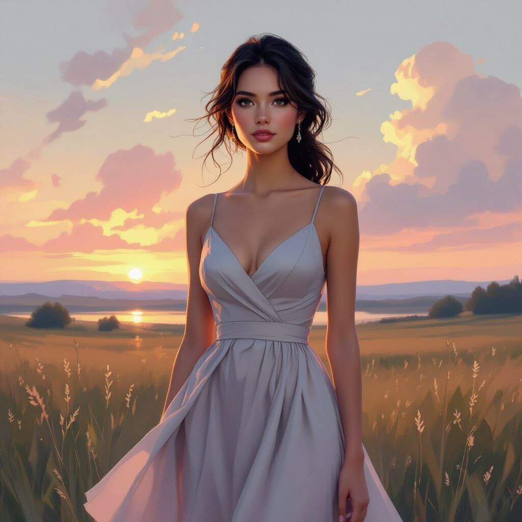 Young Woman in Elegant Dress Amidst Serene Landscape