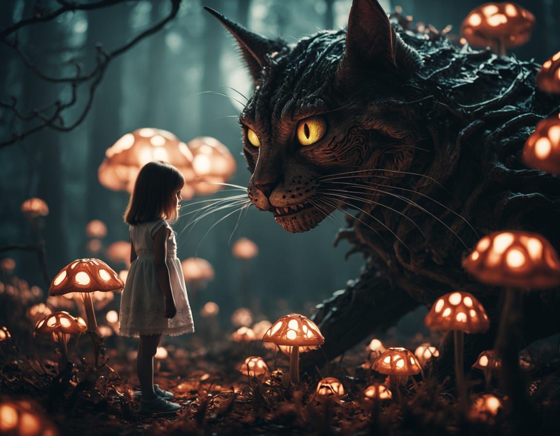 young Alice, facing a gigerish Cheshire, nightmare wonderland, gothic fantasy forest, creepy atmosphere, ...  by @Zephiross