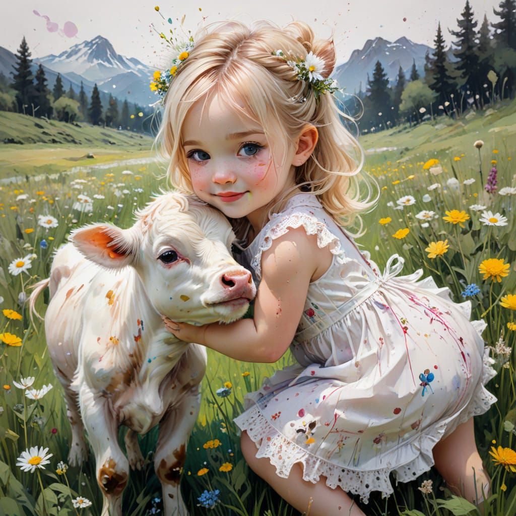 Baby girl and baby cow  by @Fearn