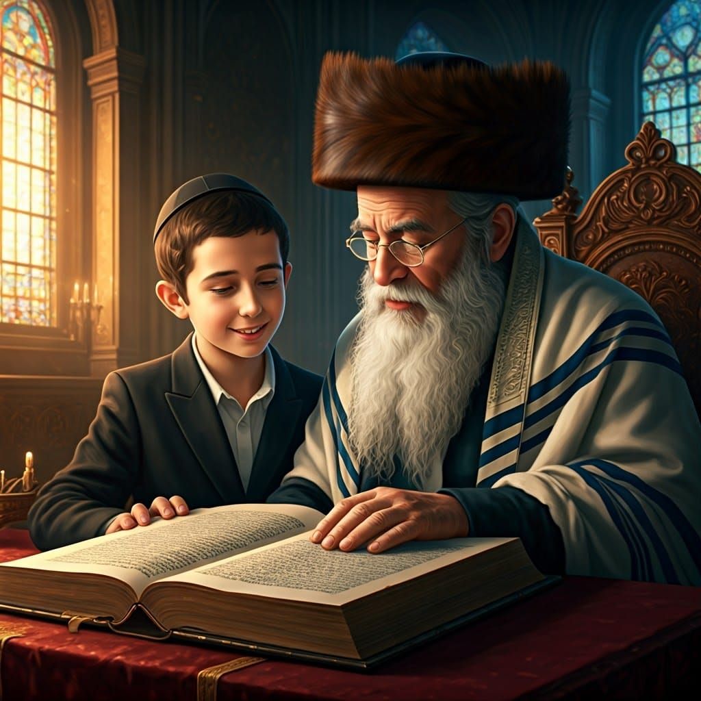 Hasidic Father and Son Studying Torah