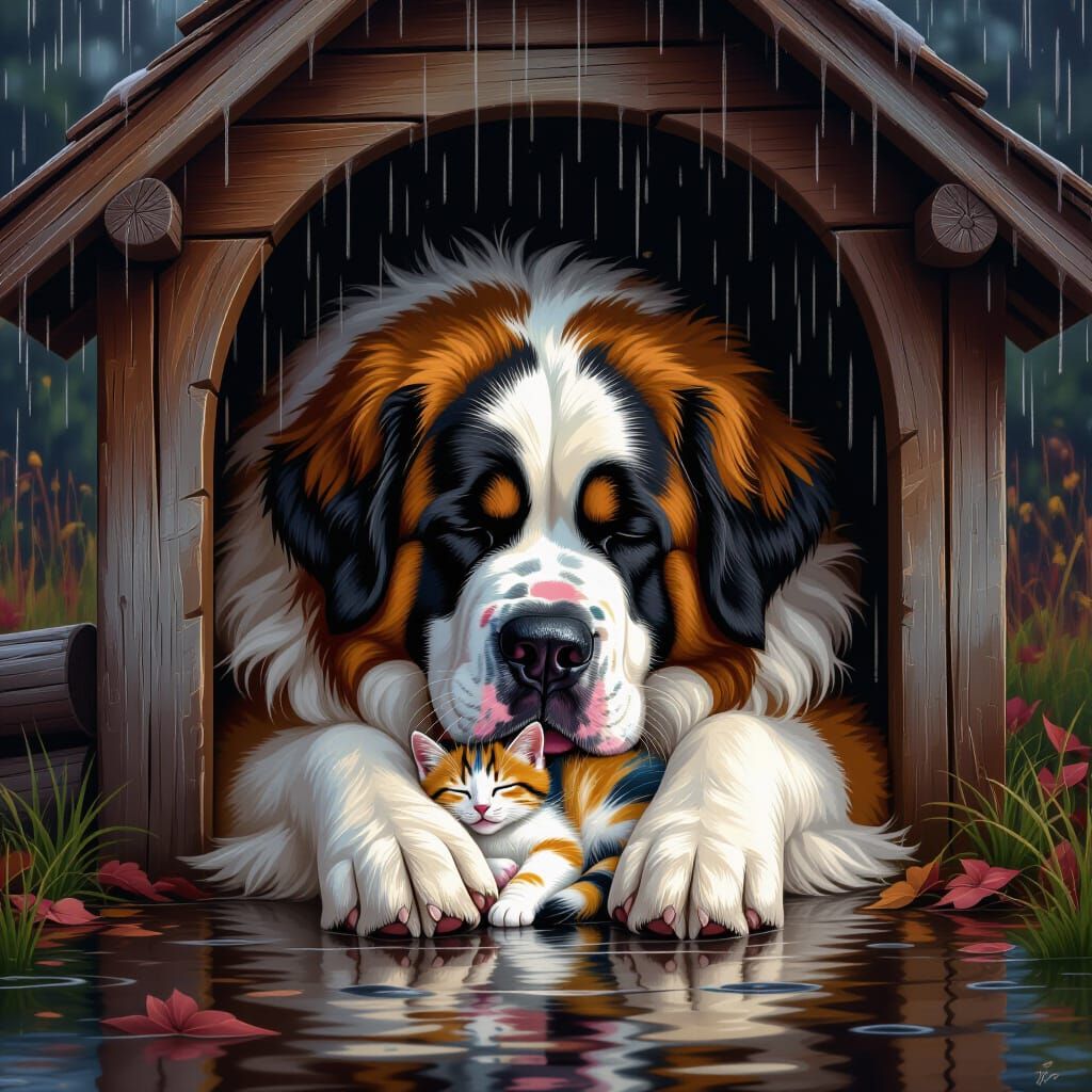 masterpiece, best quality, 1 St. Bernard dog lets a colorful kitten sleep on it in the doghouse while ...  by @Dalnok