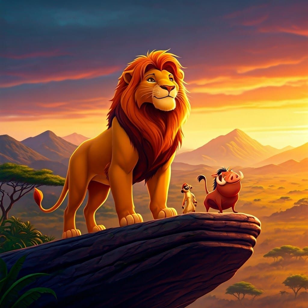 Simba, Timon, and Pumbaa at Pride Rock
