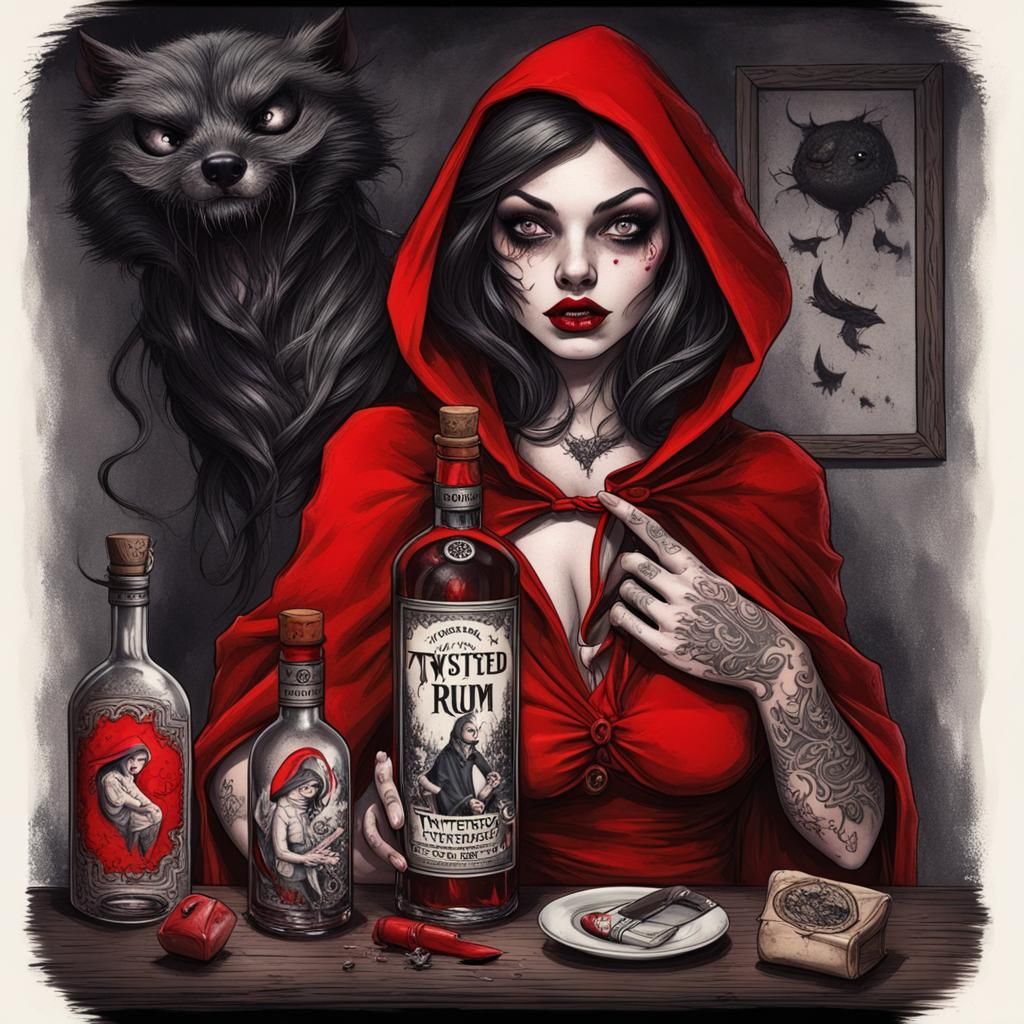 naughty red ridding hood , tattoos, bottle of Rum,  dark, nightmare twisted  by @Si White