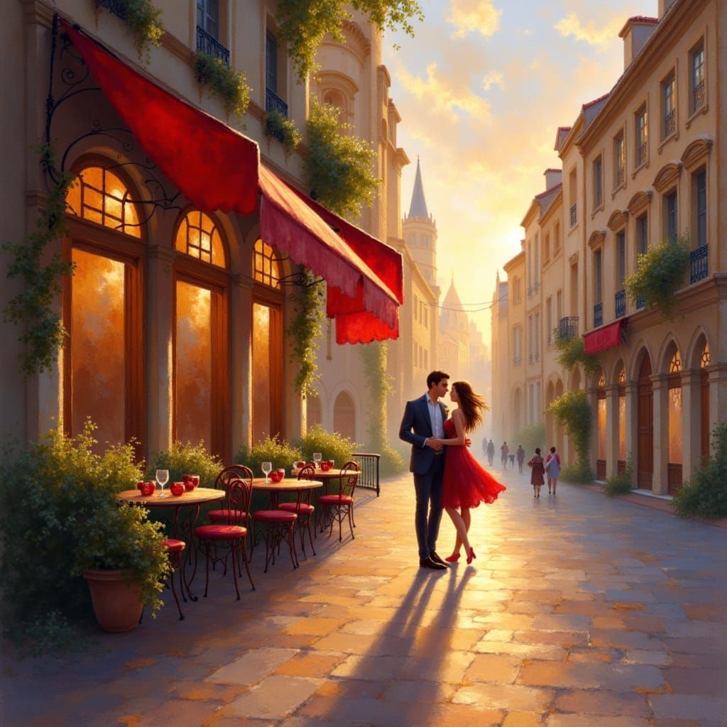 Couple drinking wine outside bistro, golden hour, lautrec <lora:Geo gos:1.0>