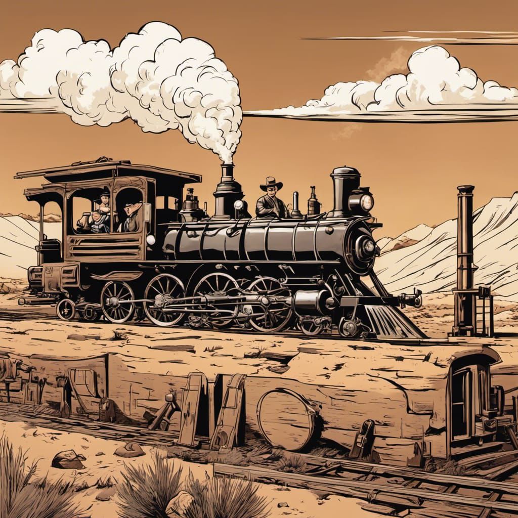 A cowboy on the top of a running great steam locomotive wagons. Cartoonish. Comic. Arizona desert In the background 