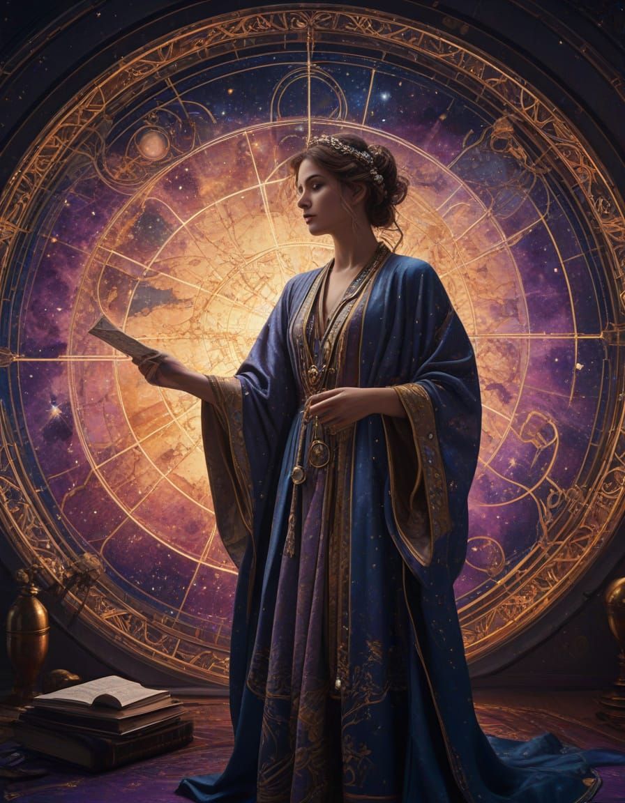 Imagine a celestial cartographer charting the galaxies in a hidden observatory nestled within the heart of a nebula. The observatory is fill...