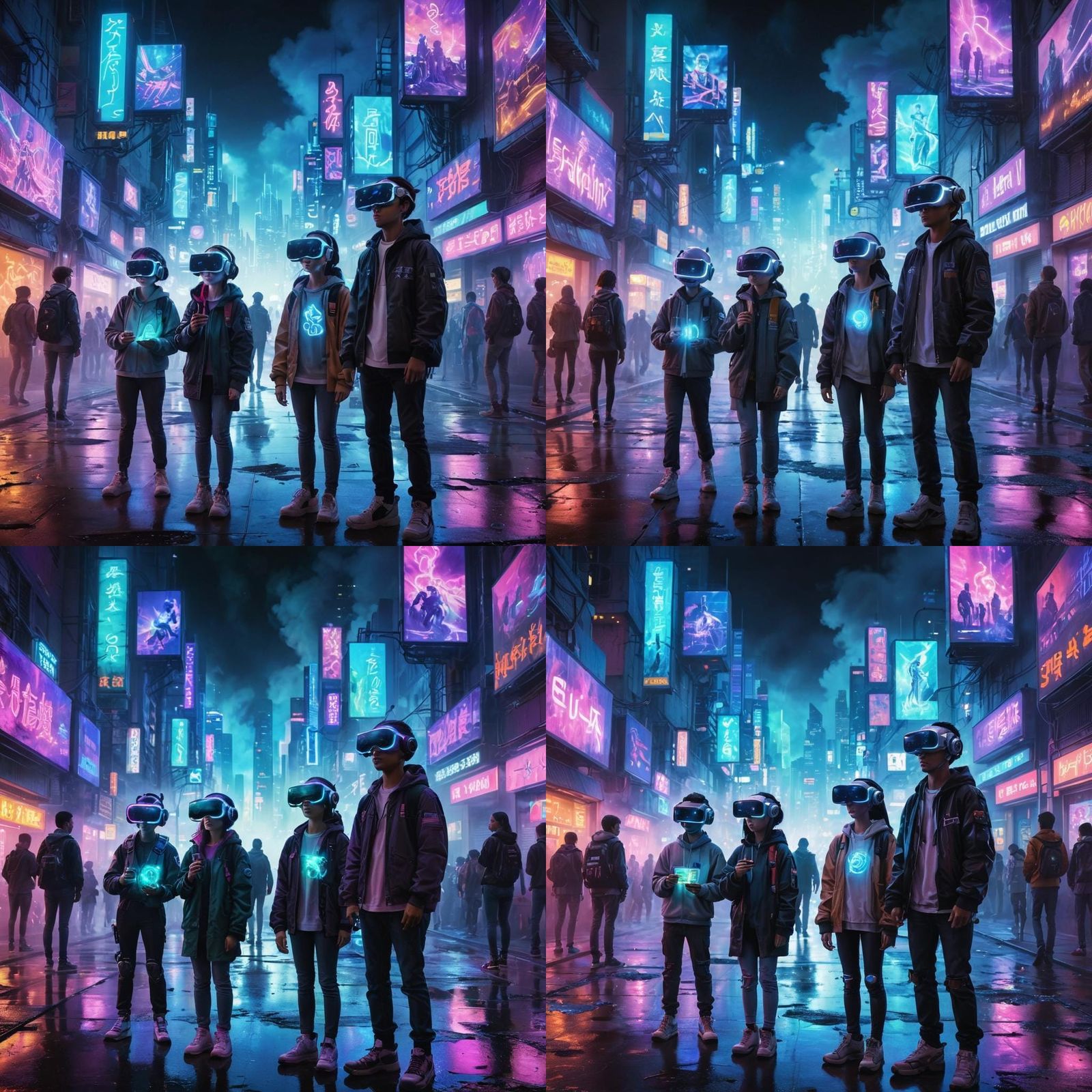 Cyberpunk Students in Futuristic Cityscape
