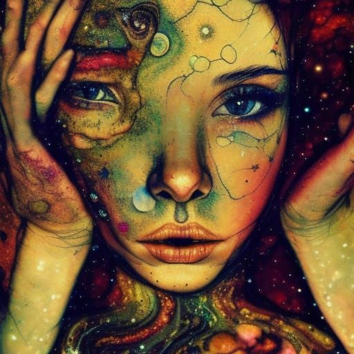 Surreal Claymation Portrait with Floral and Cosmic Elements