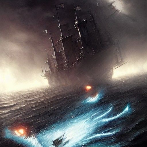 Large monster attacking ship 1800 on dark sea