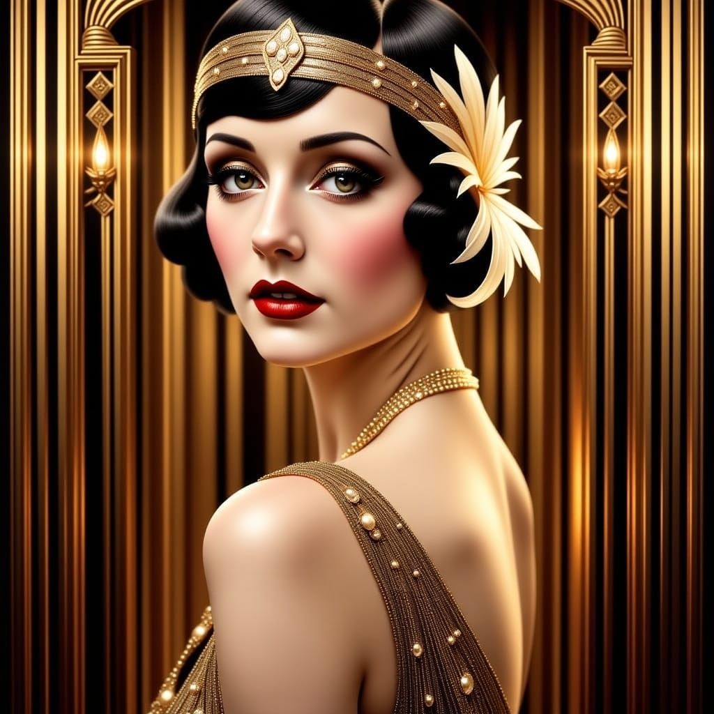 Art Deco cinema poster. Medium shot. A fashionable 1920s woman steps into a luxurious night club. Close up. Influenced by Paul Ştefan and Ta...