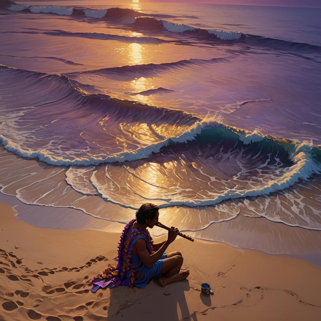 Hawaiian Sunset Flute Player: Vibrant Oil Painting