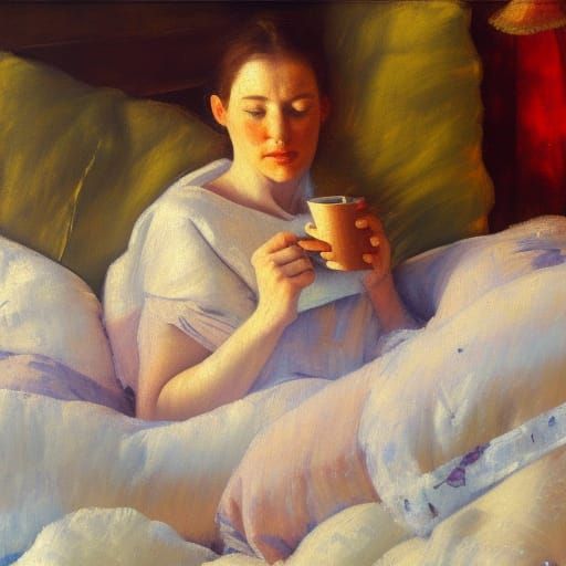 A coffee drinking the woman in bed, the sun is shining throu...