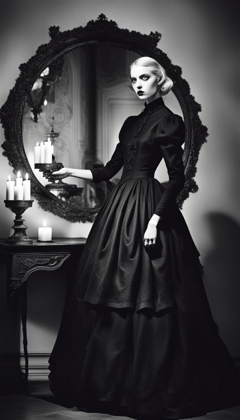 goth fashion model. photographs in the style of m. c. escher...