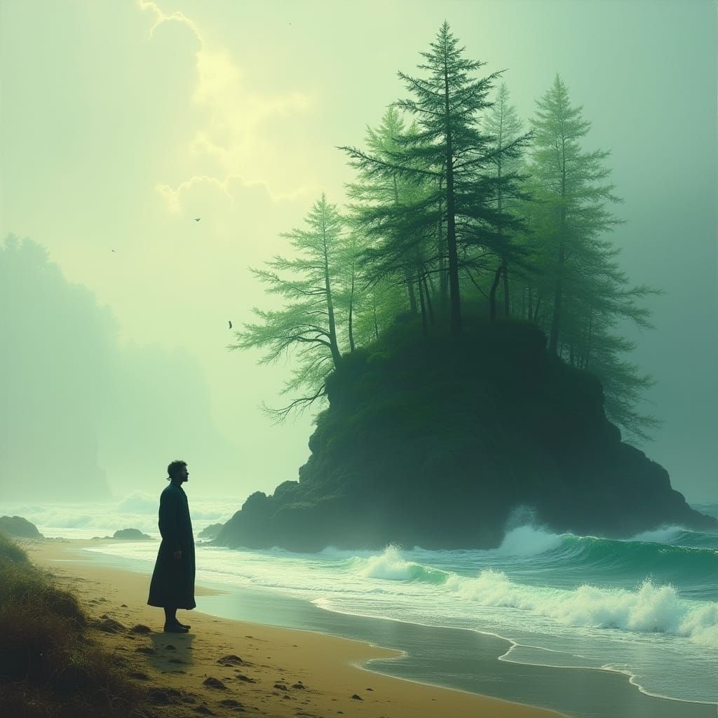 Stormy Beach Silhouette with Forest Double Exposure