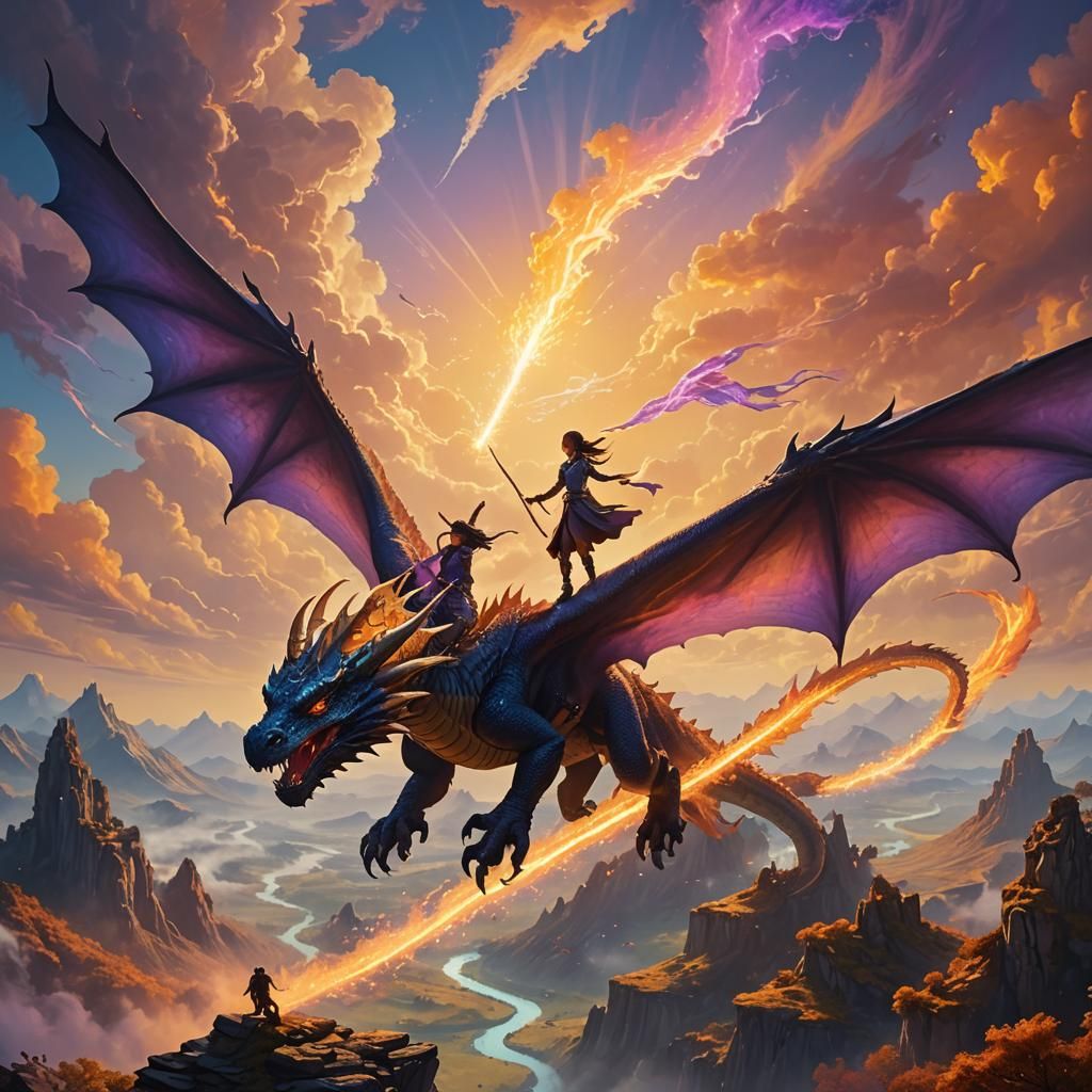 Dragon Rider in Magical Fantasy Landscape