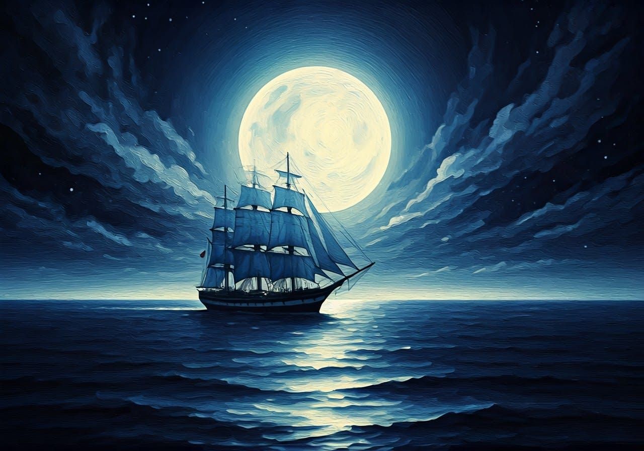 Sailing Ship Under Starry Night Sky as Gouache Painting