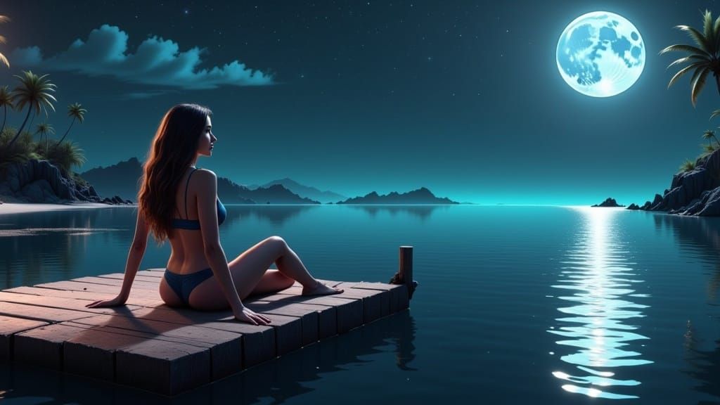 laying on a raft in a bikini at midnight <lora:Tranquility:1.0> 