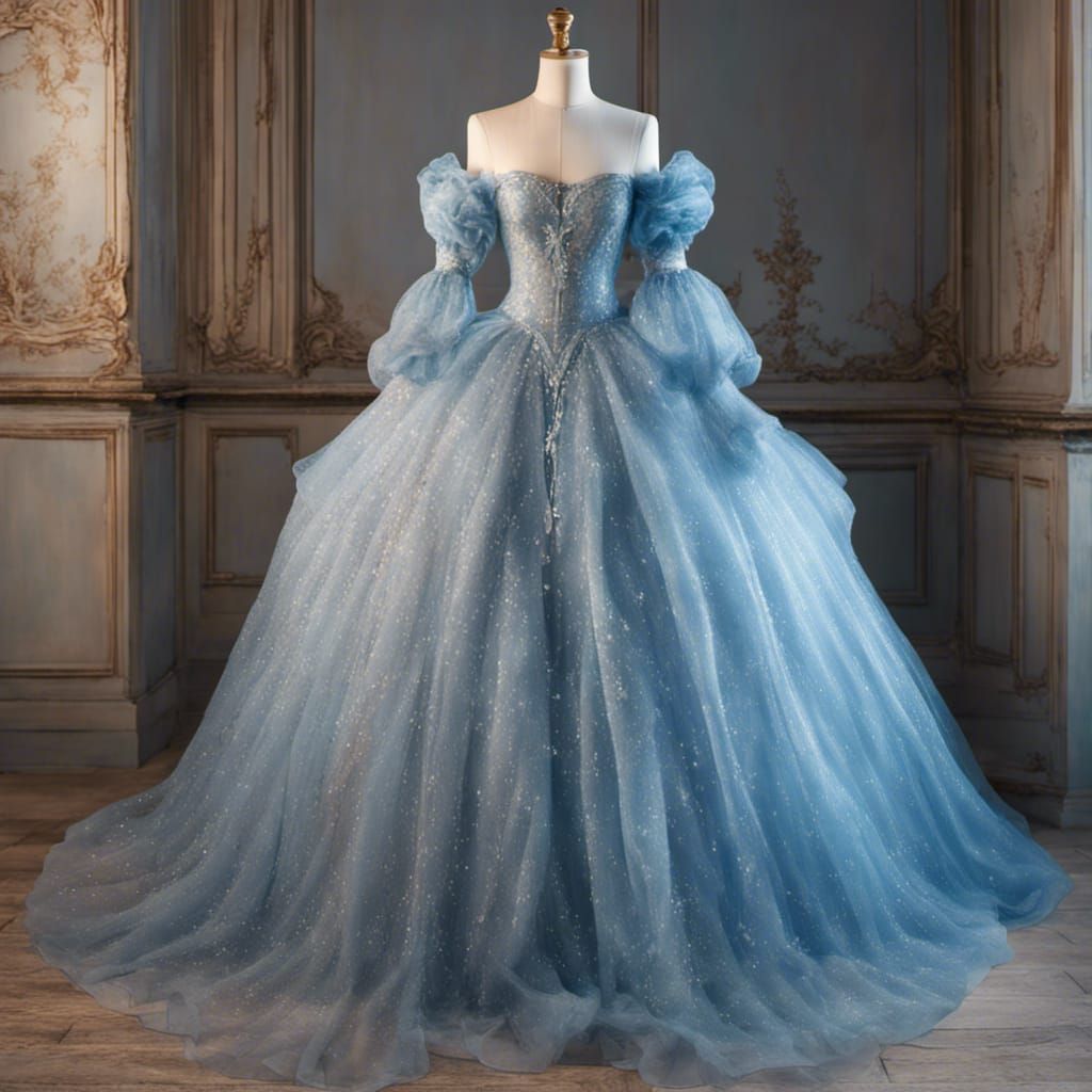 long princess dress on a dress form, blue, sparkling, bare s...