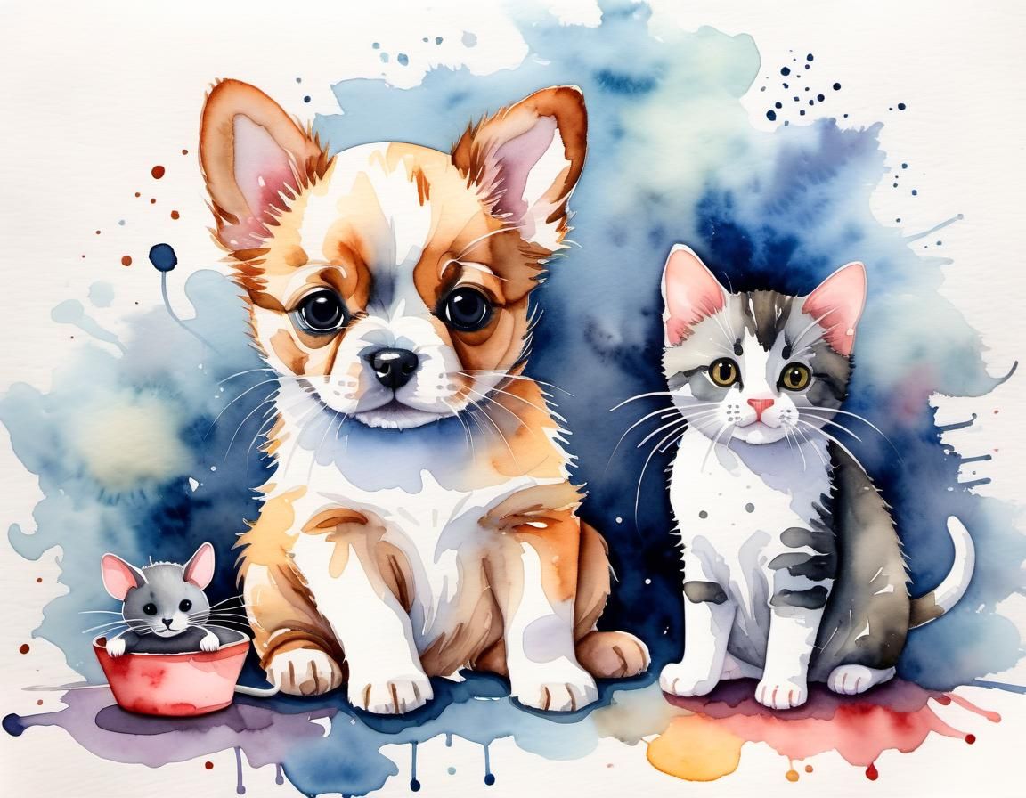 Watercolor puppy 🐶 and a cat and a mouse in the house   by @Daisy