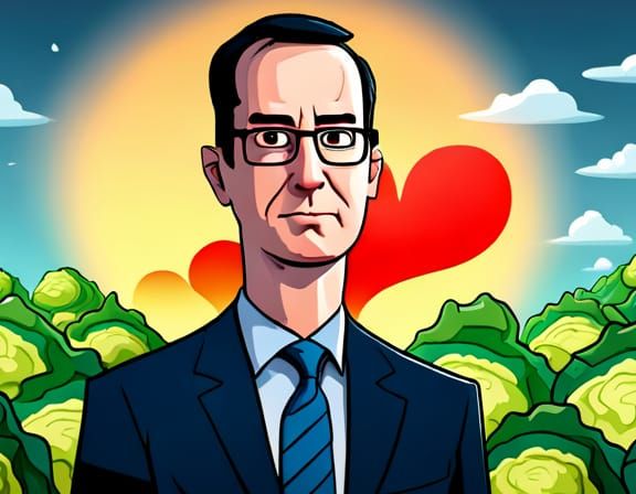 John Oliver in a field of cabbages, rainy weather, heart sym...