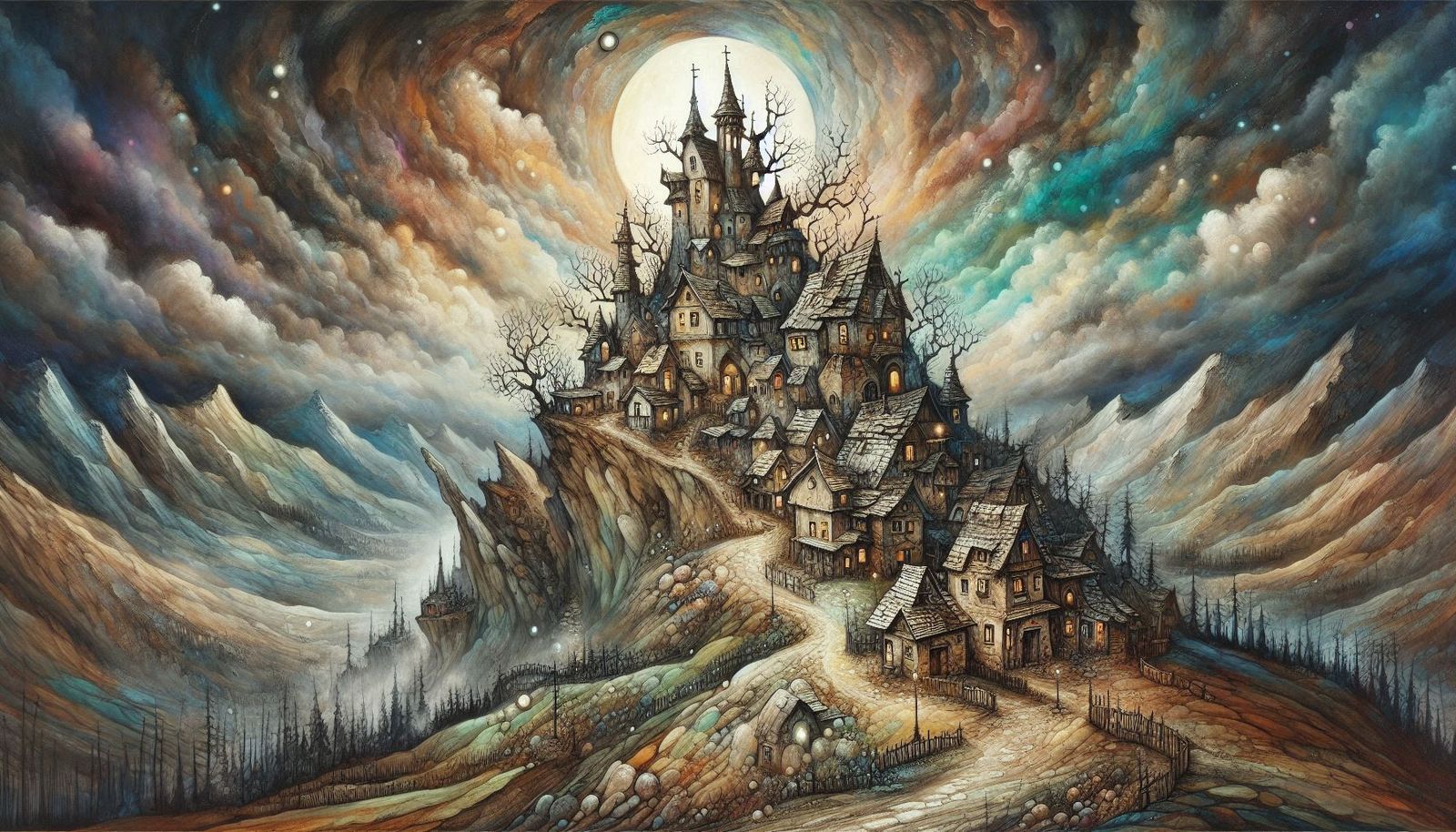 Whimsical village perched on a high hill, with rustic cottages and twisted chimneys, amidst rugged mountains and sparse ...