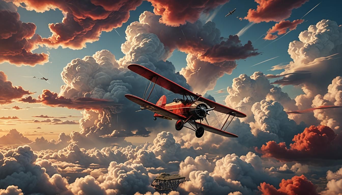 Bi plane flying in clouds   by @Chippa