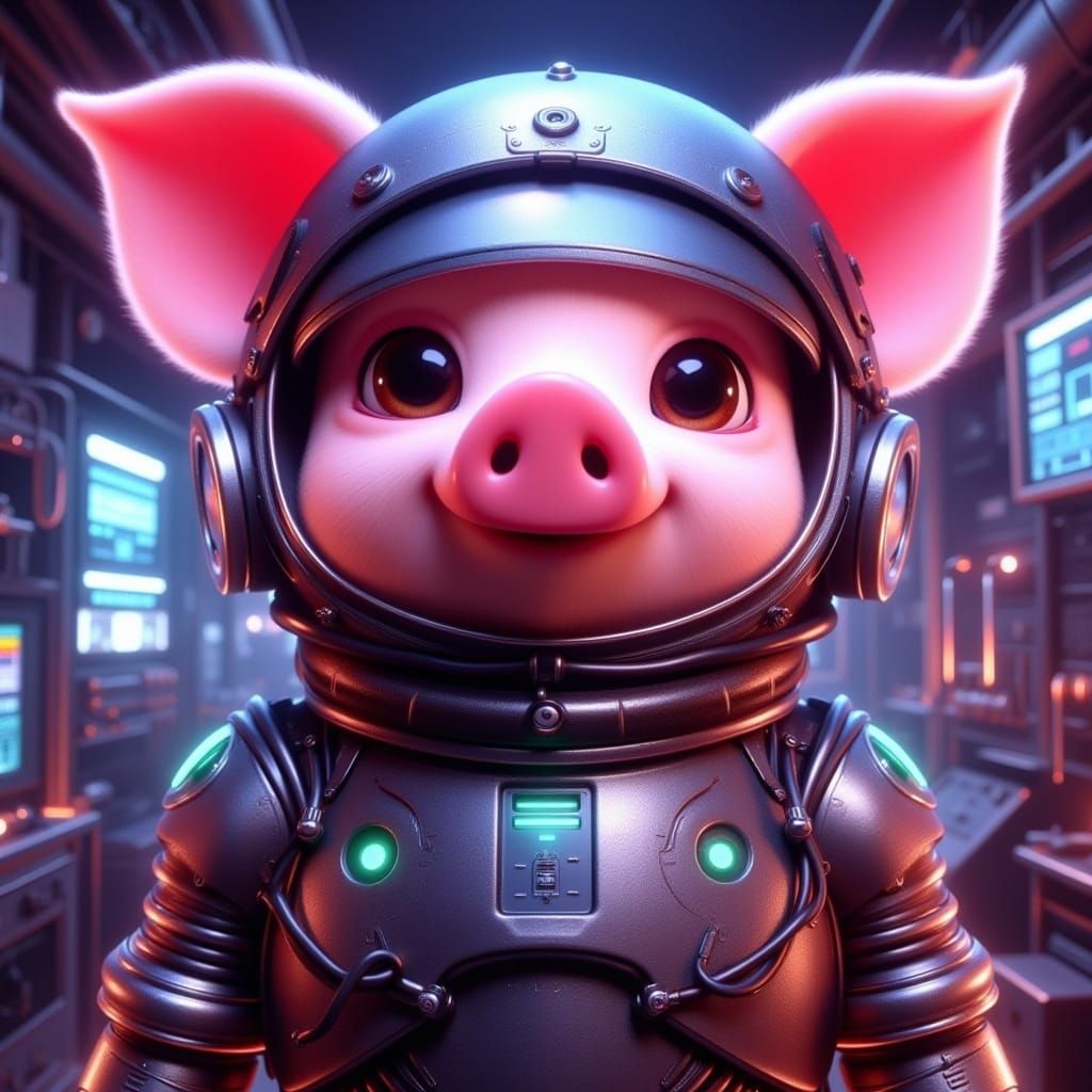 <lora:Kyootness:1.0> Closeup Oil painting of a happy CGI cartoon cyborg pig, hi-tech farm