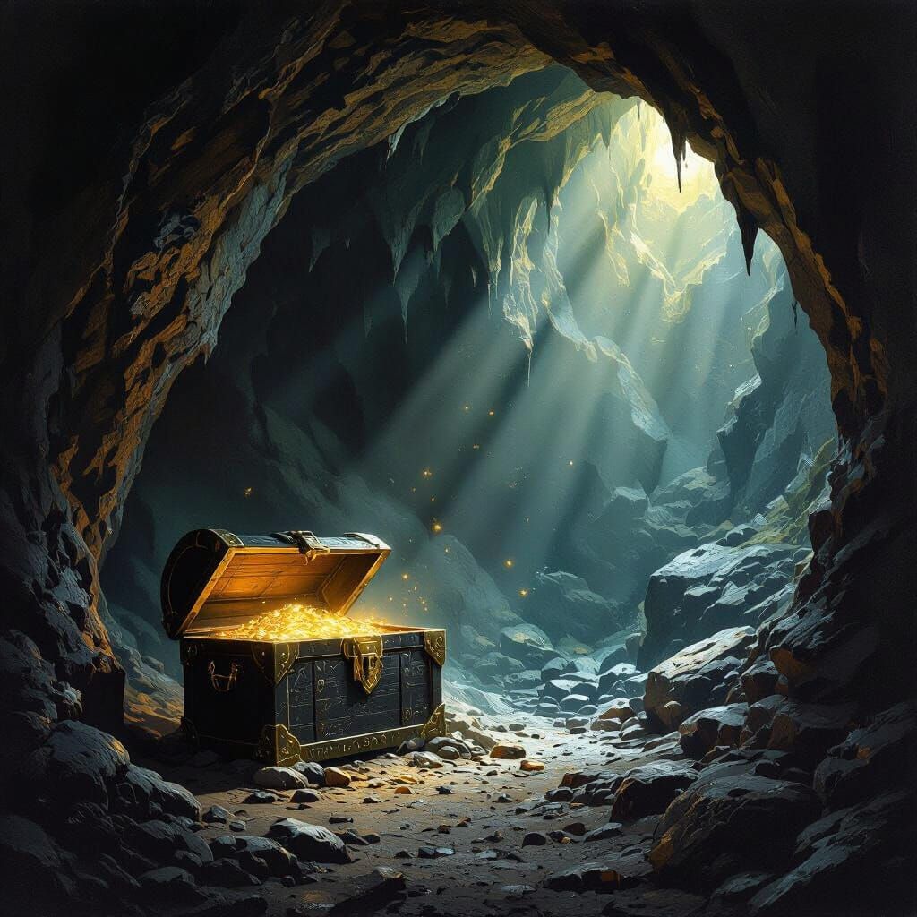 Epic classical painting, a dark cavern with an iron pound treasure chest visible in one corner, with a tiny gleam of gold visible, high cont...
