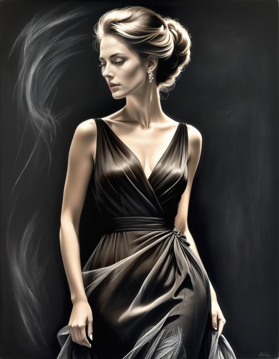 An exquisite charcoal drawing of a fashion woman in a black ...