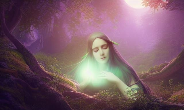 Bedridden elvish maiden singing to the moon in her forest be...