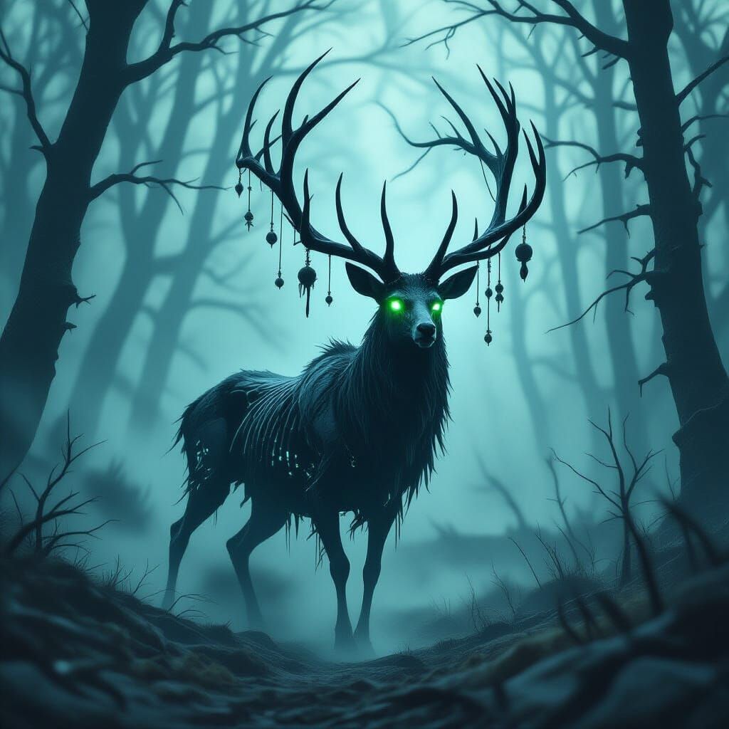 A skeletal deer cloaked in swirling shadow mist roams a cursed, dead forest. 1