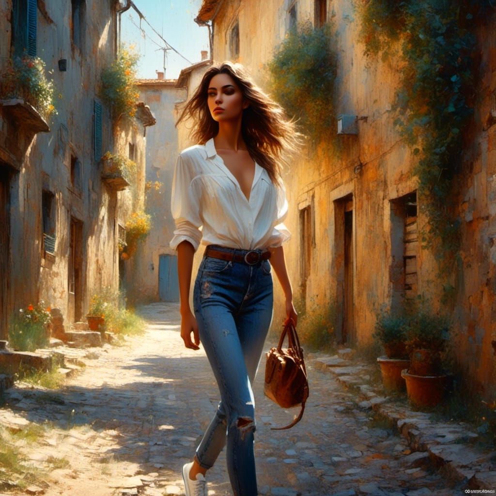 <lora:Dark and Light paint:1.0> beautiful woman in jeans and a blouse, wearing sneakers, walking down the street of a small Italian town on...