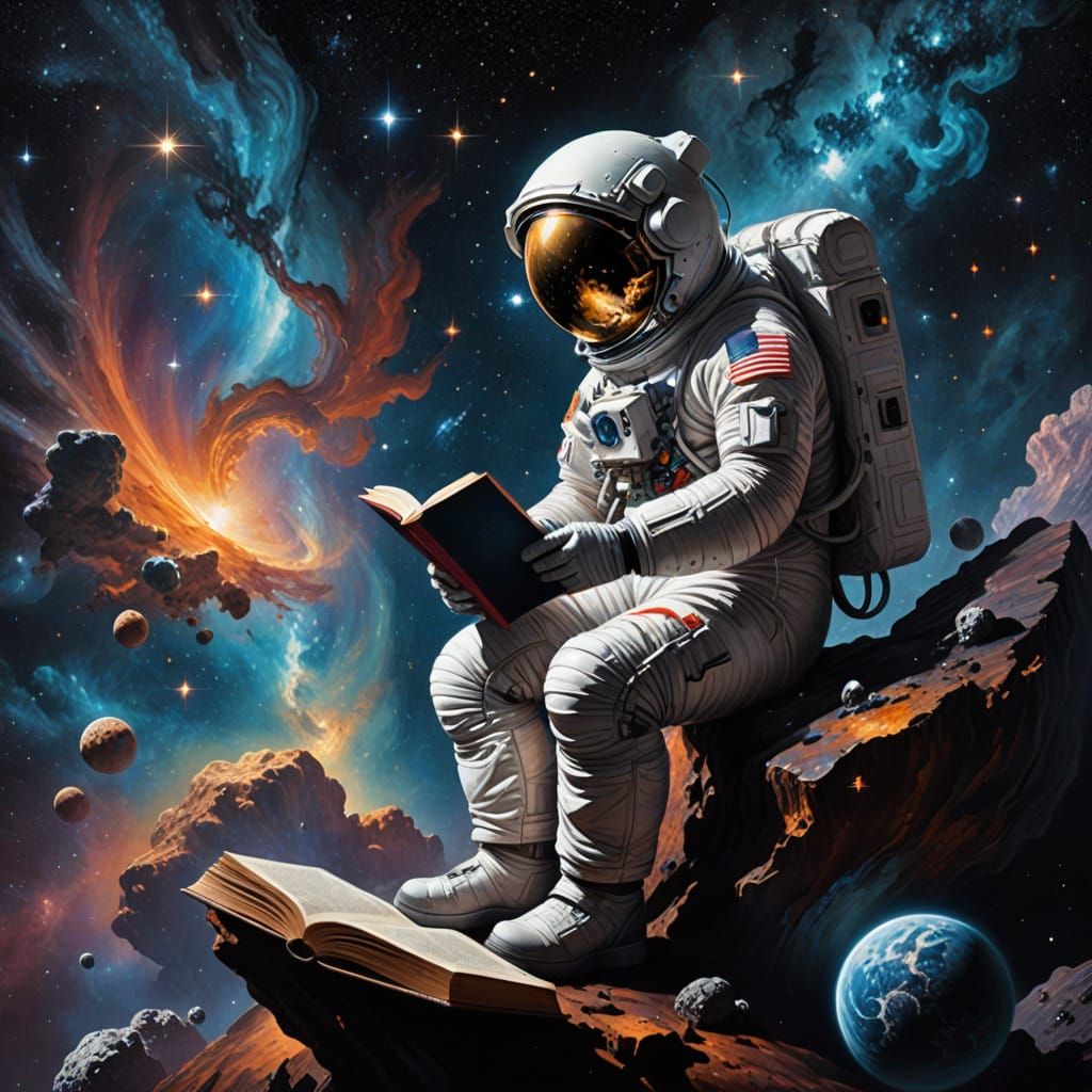 Oil painting. An epic celestial landscape with nebulae and stars forming swirling patterns. In the foreground, a lone astronaut in a spacesu...