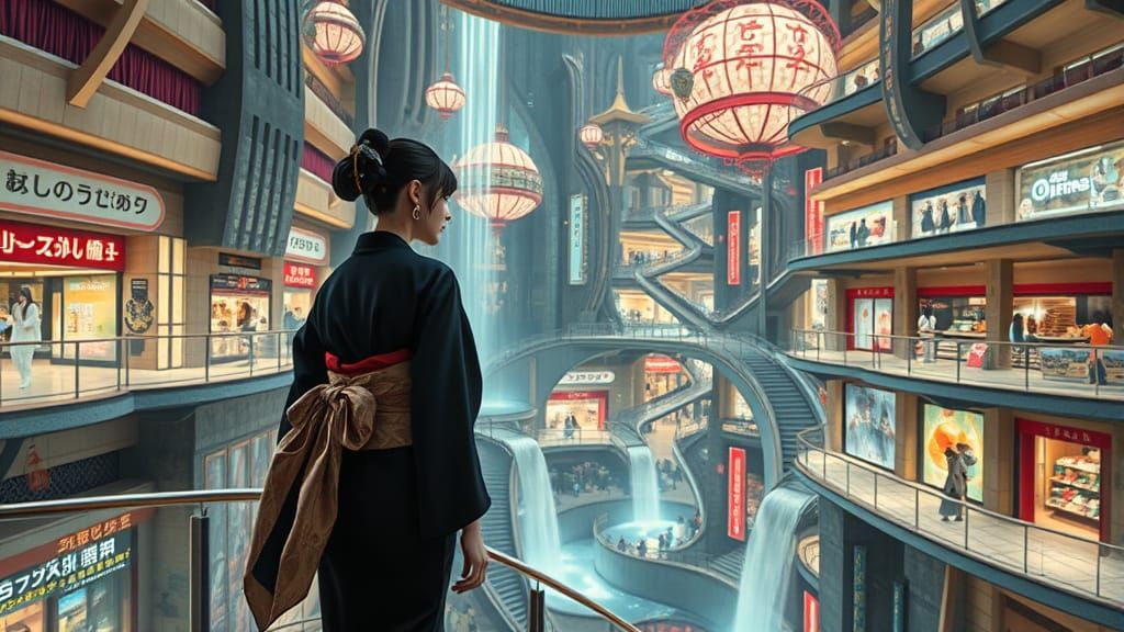 Kimono in Japanese Shopping Center with Escher Architecture