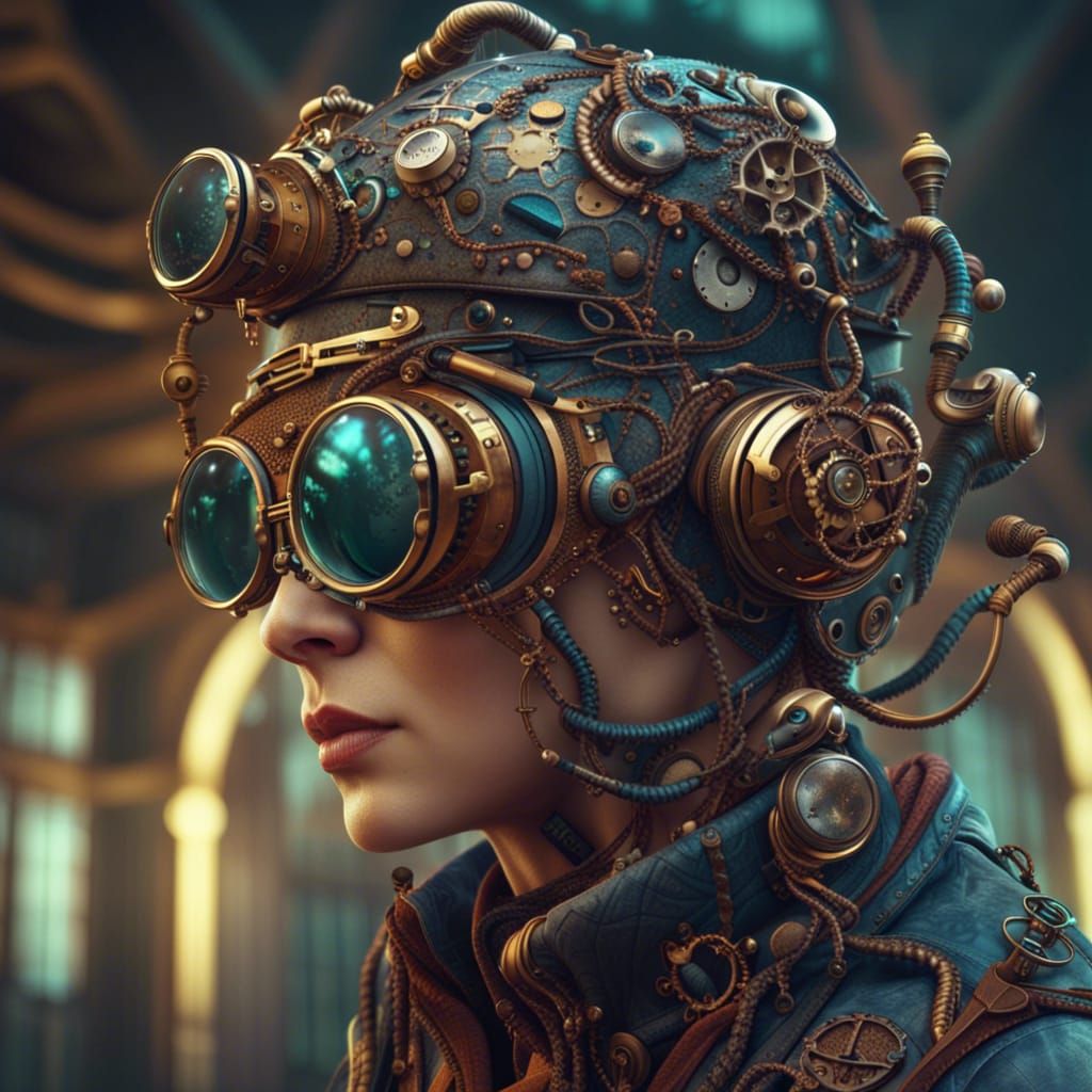 AI brain implanted android human with Funky steampunk Eyewear  by @DezineJunkie