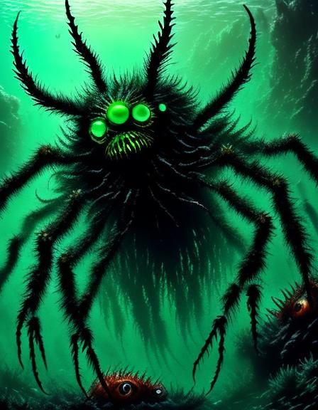 <lora:Chimeras:1.0> Crustacean monster, spider monster, many legs and claws, green and black, macabre crustacean, underwater, tentacles, 3d...