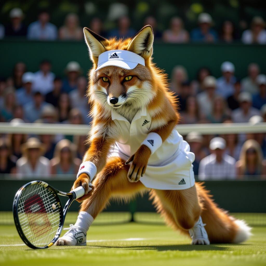 imagine a cunning fox, clad in a sleek white tennis outfit, complete with a tiny visor and wristbands, ...  by @Joel S