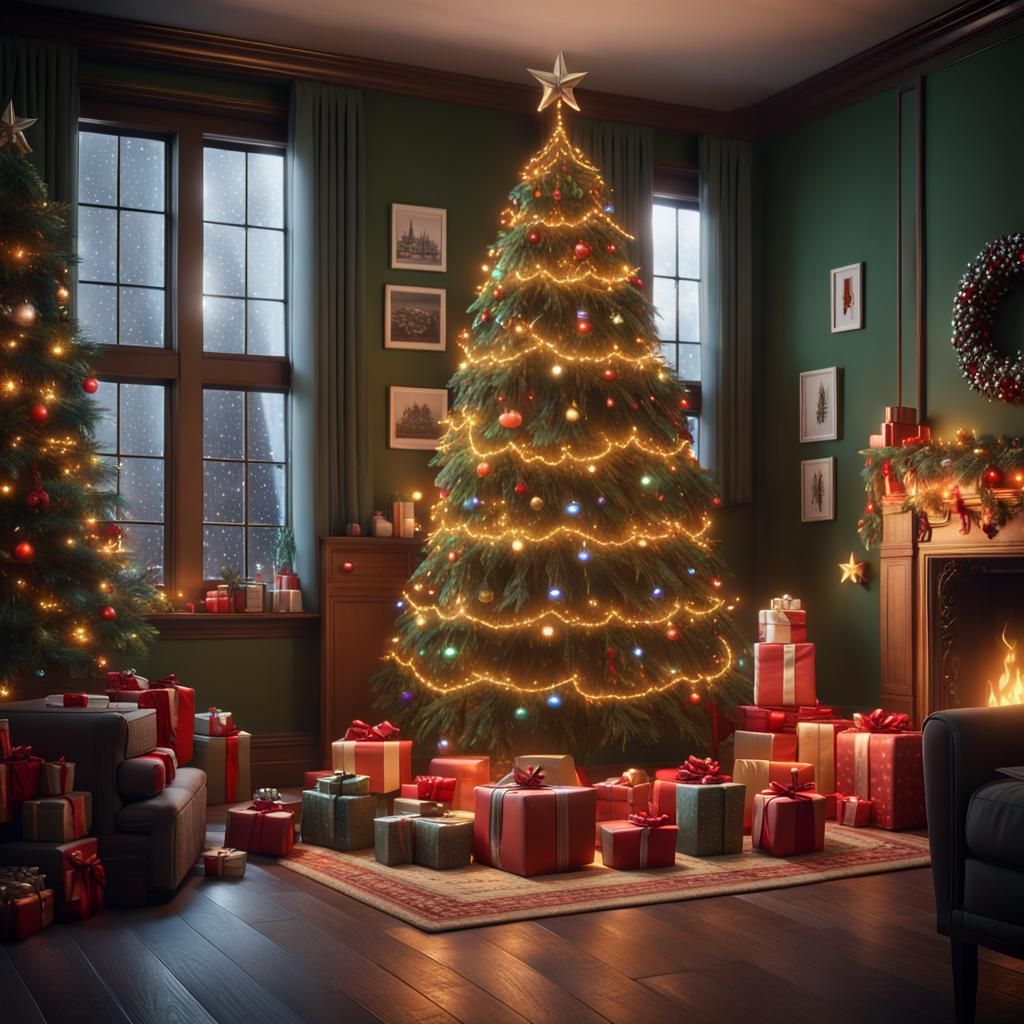 Room decorated with a large Christmas tree, strings of multicolored