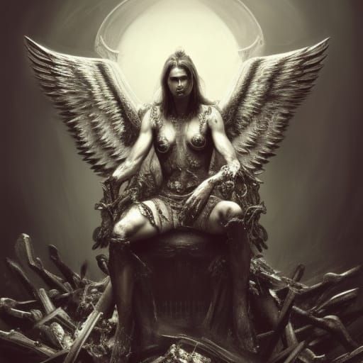 the fallen angel Lucifer sitting on a throne made of bones d...