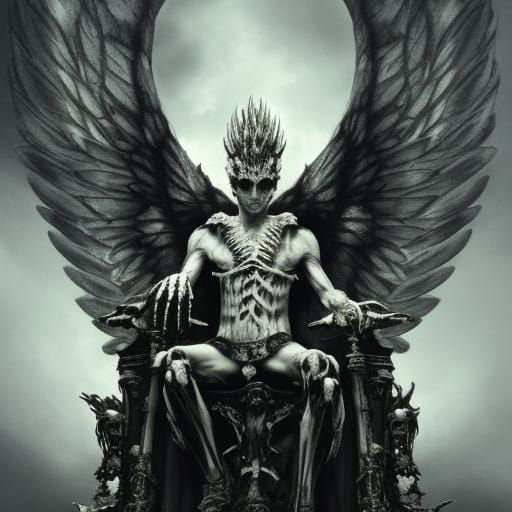 the fallen angel Lucifer sitting on a throne made of bones d...