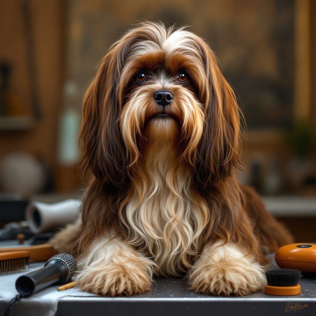 havanese dog with brown and cream long wavy hair on a groomi...