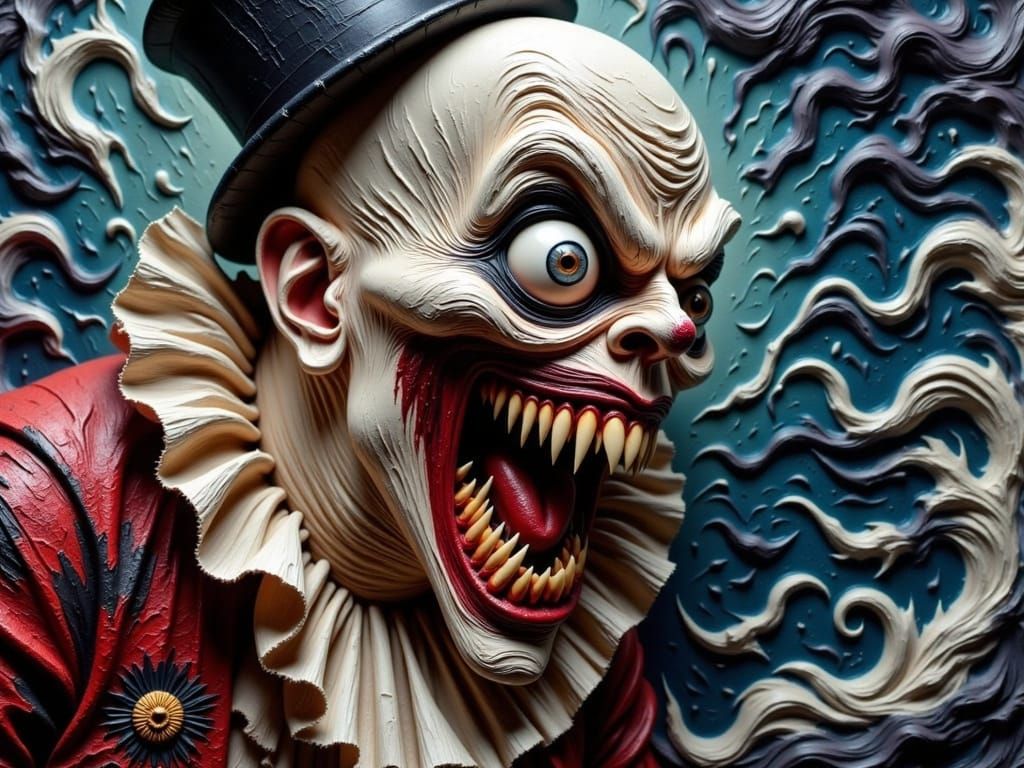 A grotesquely distorted, hideous, alabaster-skinned Art the Clown from Terrifier, with a macabre elongated grimace of razor sharp teeth twis...