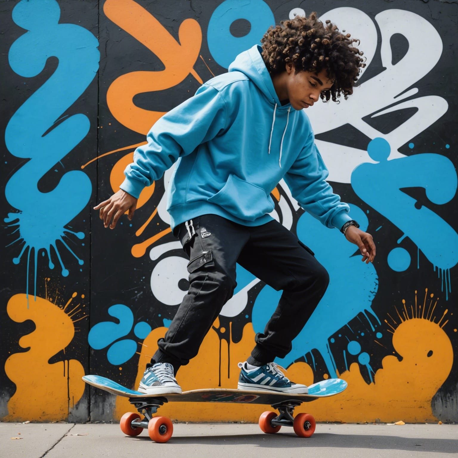 "A Black teen with curly hair, wearing a light blue hoodie, ...