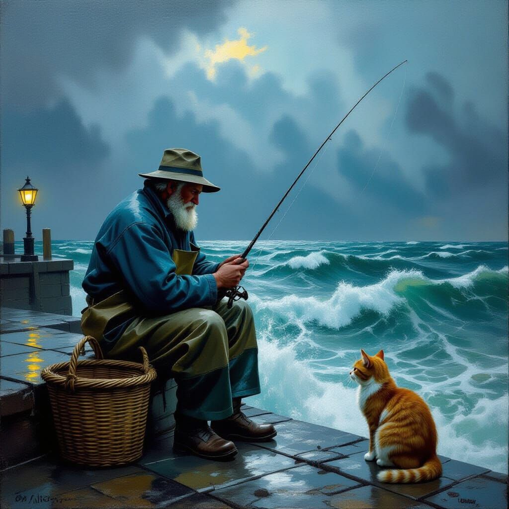 an old masters oil painting of an old fisherman. Dressed in wet weather sea, fishing with a rod off a wharf. The sea is turbulent and stormy...