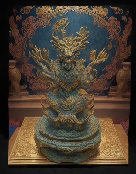 Filigree carved wooden figure of a Chinese dragon, elaborate carving, loving details inspired by Chinese folklore, high-quality wood process...