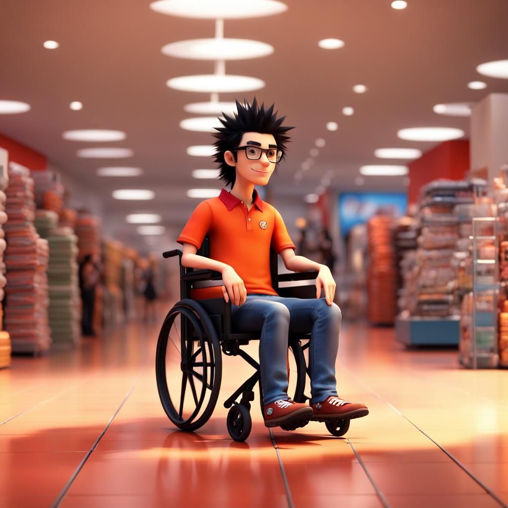 16-year-old character sitting in a wheelchair in the mall, f...