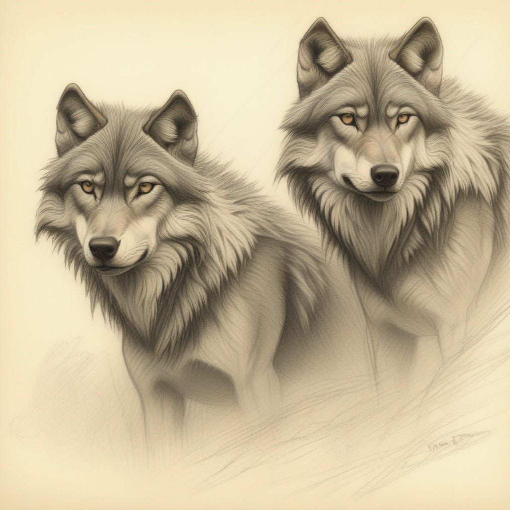 Small pack of wolves, style of Aaron Blaise, pencil sketch, highly ...